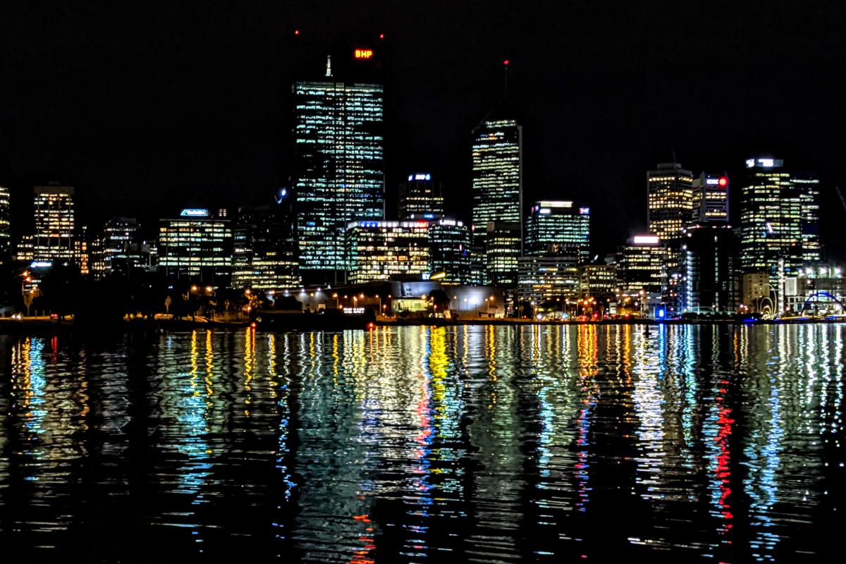 Perth CBD viewed from South Perth at night Perth CBD viewed from South Perth at night
