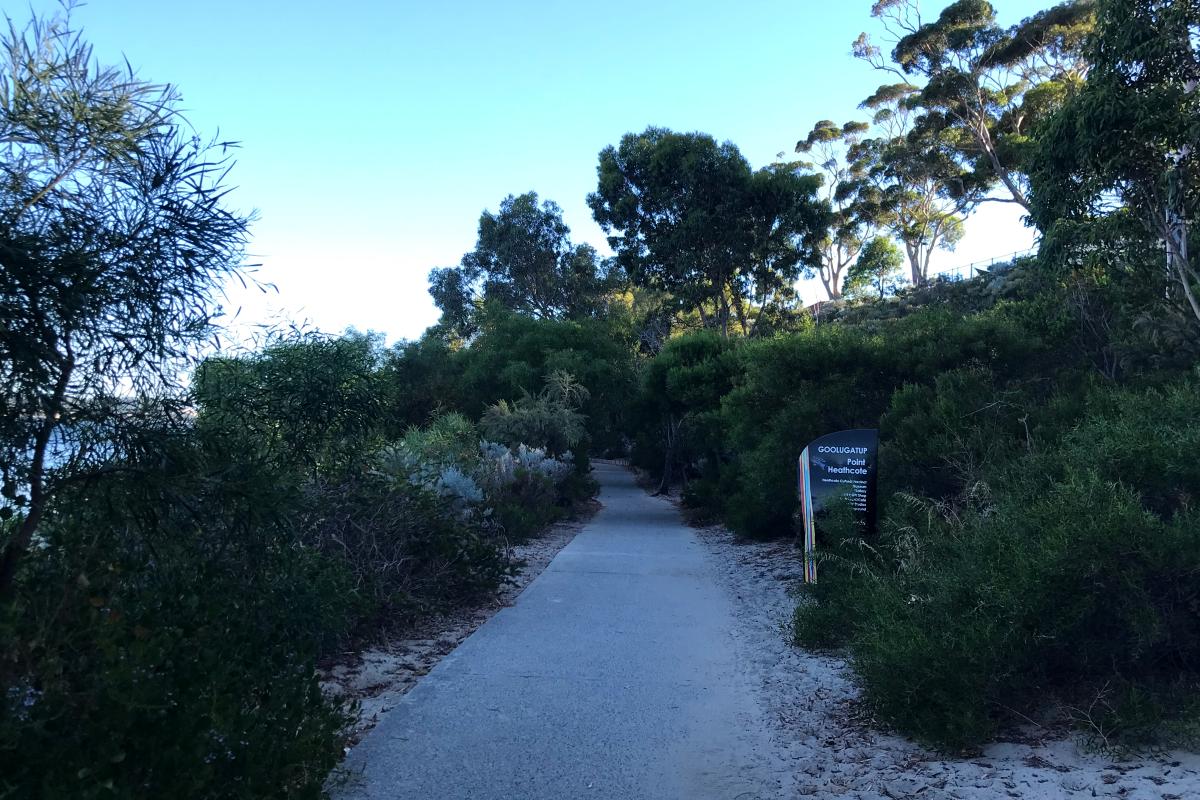 Walking path at Point Heathcote shared-use paved path through native bushland at Point Heathcote