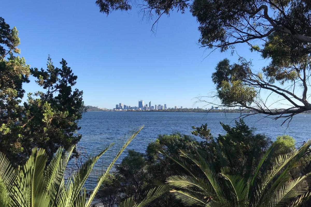 View of Perth city from Point Heathcote Swan River with Perth city in the distance as seen from Point Heathcote