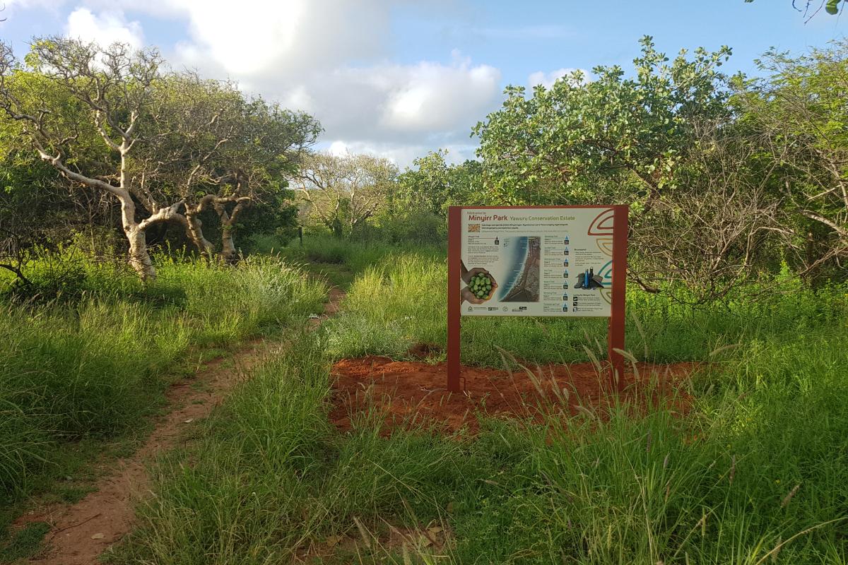 A sign that says Minyrr Park with information about the park surrounded by green plants and trees.