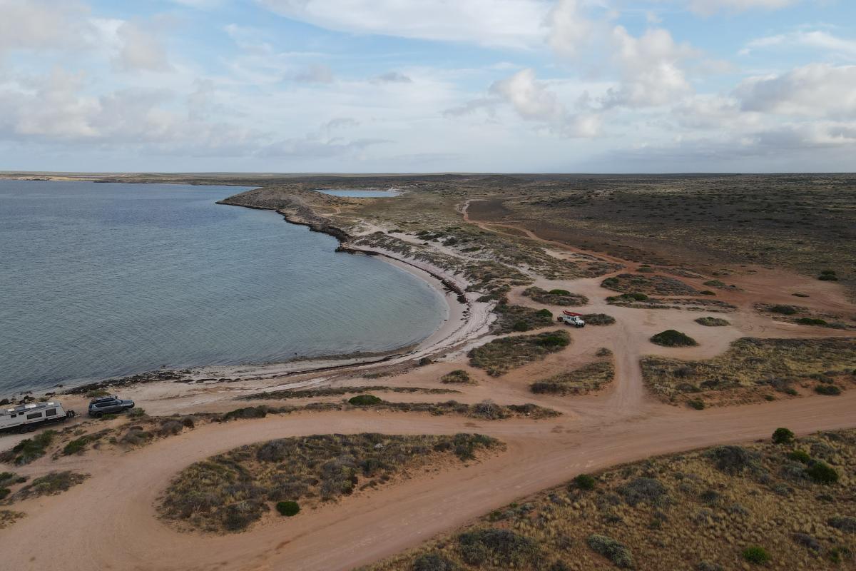 Whalebone Campground Aerial view of sandy tracks and campsites near the beach.