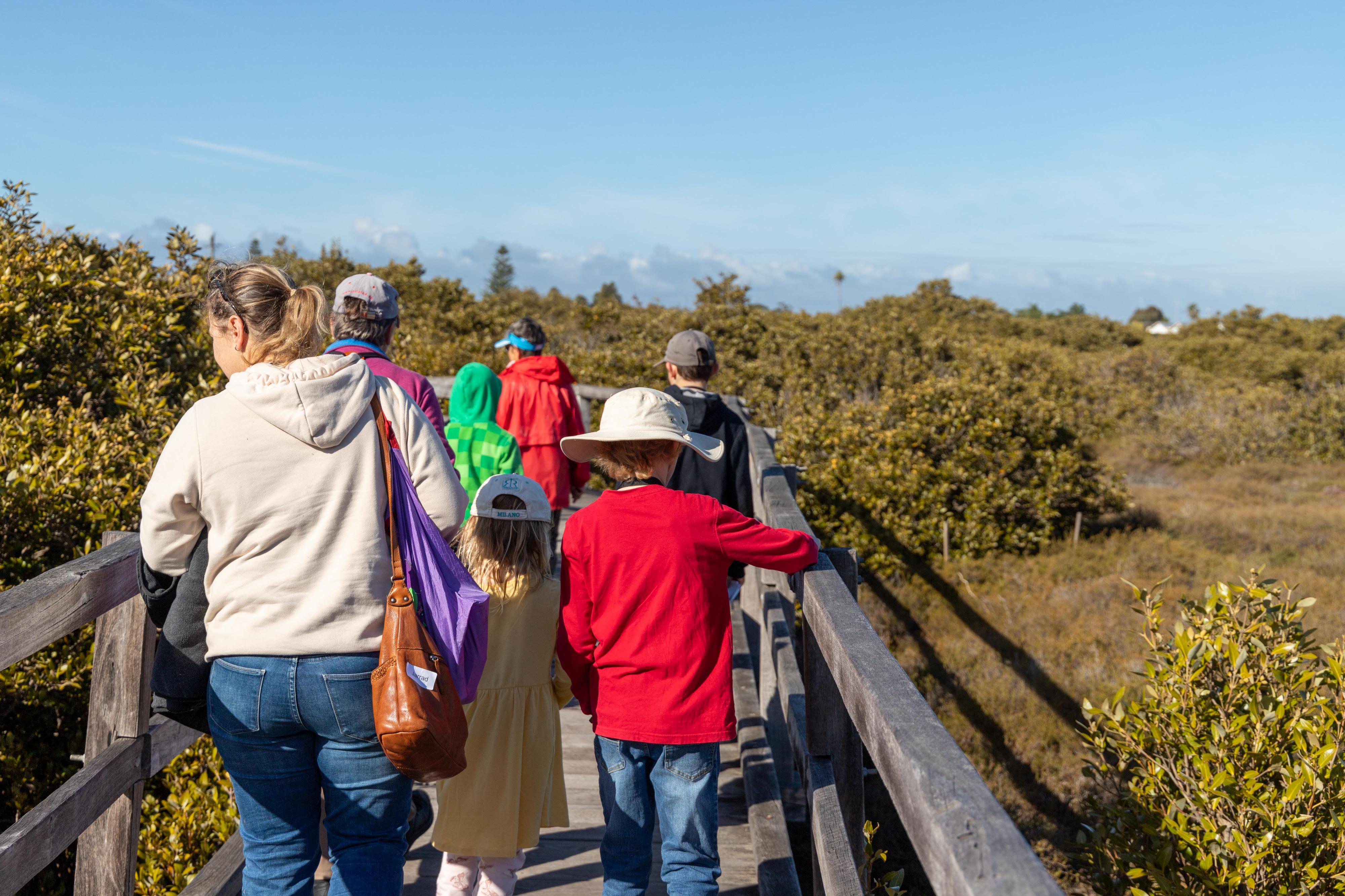 People walking on a bridge with a view of scrub bushland