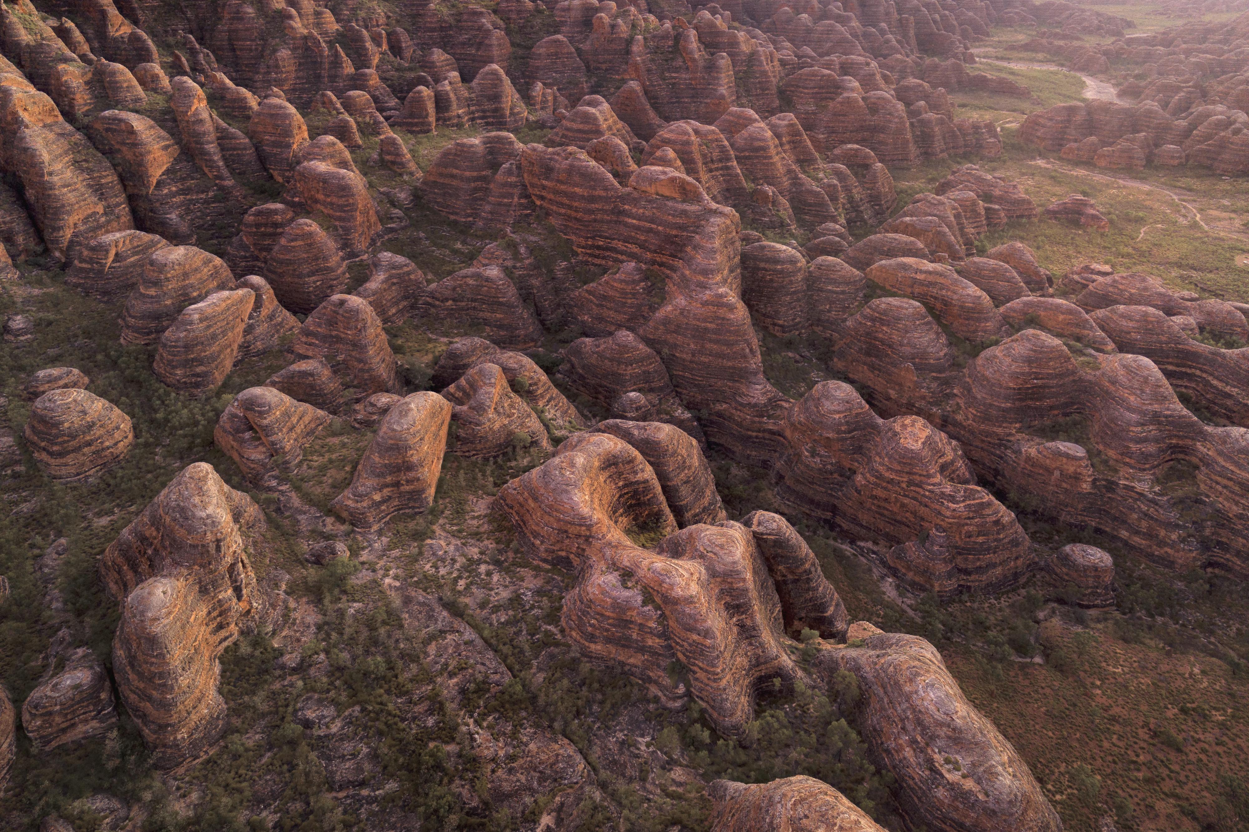 Aerial view of striped sandstone domes 