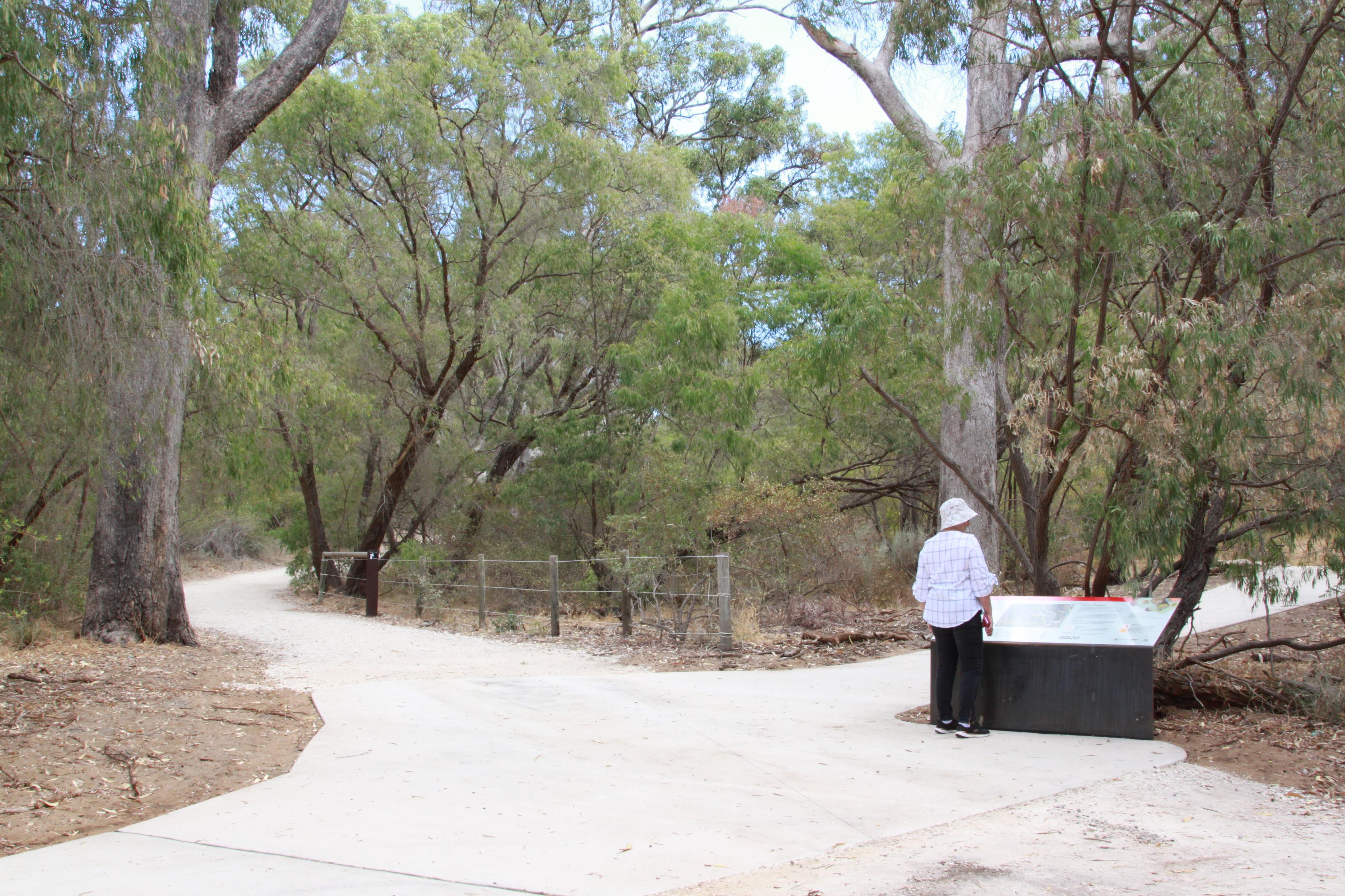 Person reading information sign