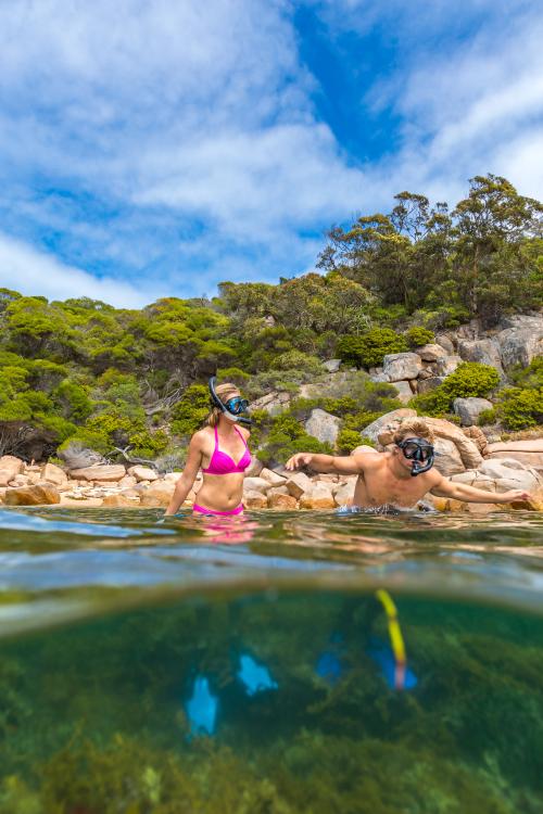 Two people standing in knee deep water wearing snorkel and goggles. 