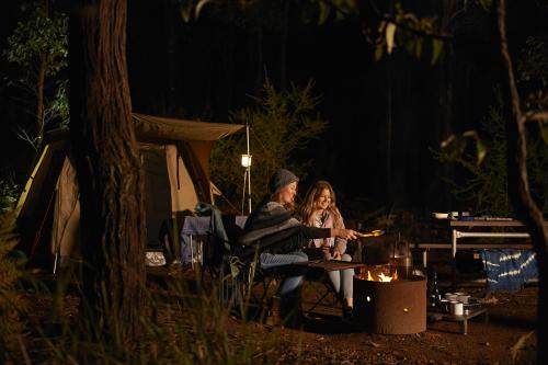 two people sitting on camping chairs in front of a tent warming their hands over a fire