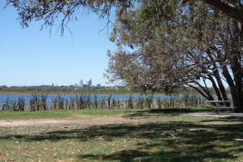 view of lake with city skyline in the distance