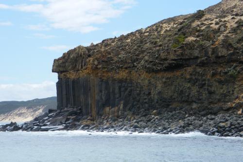 The distinctive black basalt columns of the cliffs at Black Point Rise vertically from the Southern Ocean