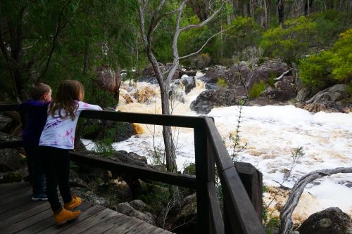 Two children leaning against wooden railing watching the river flow fast