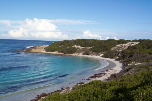 Beautiful quiet bay with vegetated sand dunes and turquoise water