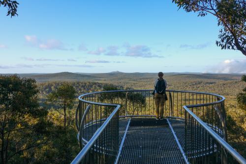 Person standing on metal platform looking out at the view 