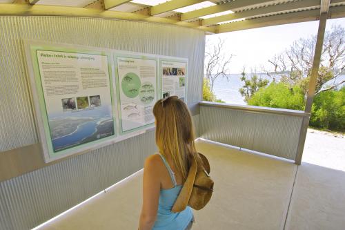 Visitor reading the interpretive signage with inlet views in the background