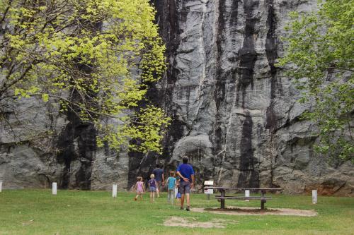 a family walking across a grassed area near a picnic table and a quarry wall in front of them