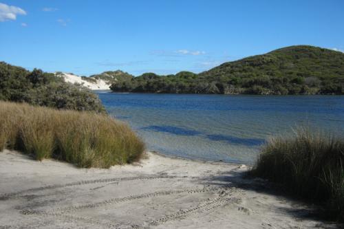 Protected inlet with white sand and coastal fringe vegetation