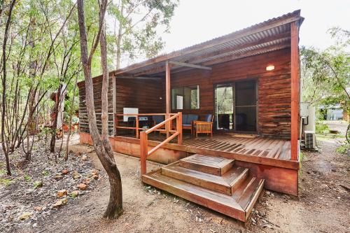 Log cabin accommodation set amid forest landscape at RAC Margaret River Nature Park
