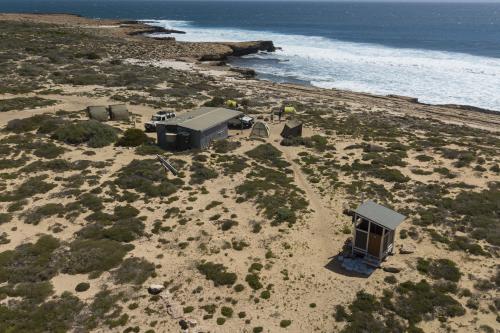 Aerial view of a coastal campground and camp sites beside a rocky coastline at Urchin Point