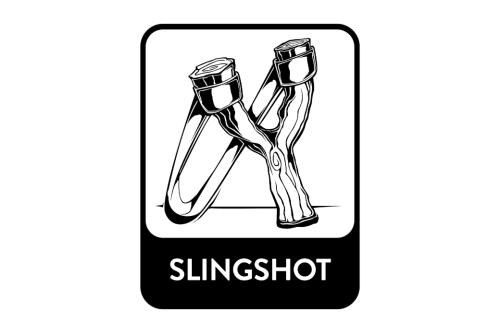 Black and white graphic logo of a slingshot. 