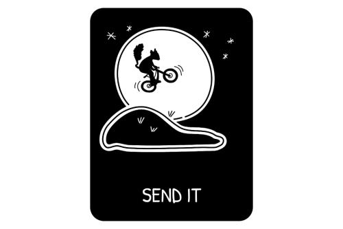 Black and white graphic of possum riding bike flying over a jump.