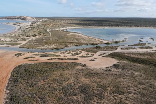 Aerial view of sandy campsite and tracks by the beach. 