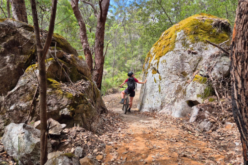 Person riding mountain bike on a trail past large boulders covered in moss. 