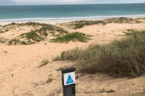 Top of a trail sign post in the sand with a view of the ocean behind it. 