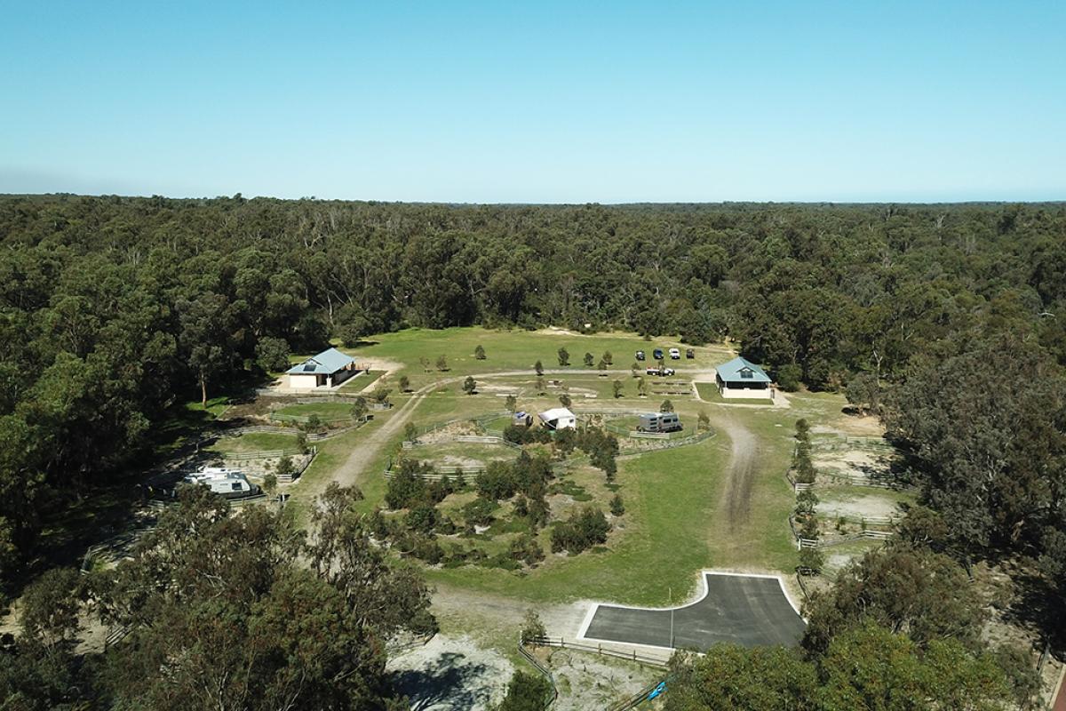 Campground Yanchep National Park elevated view of campground and buildings in a forest clearing with blue skies