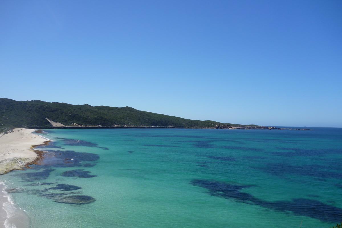 large curving bay with clear blue waters and blue sky
