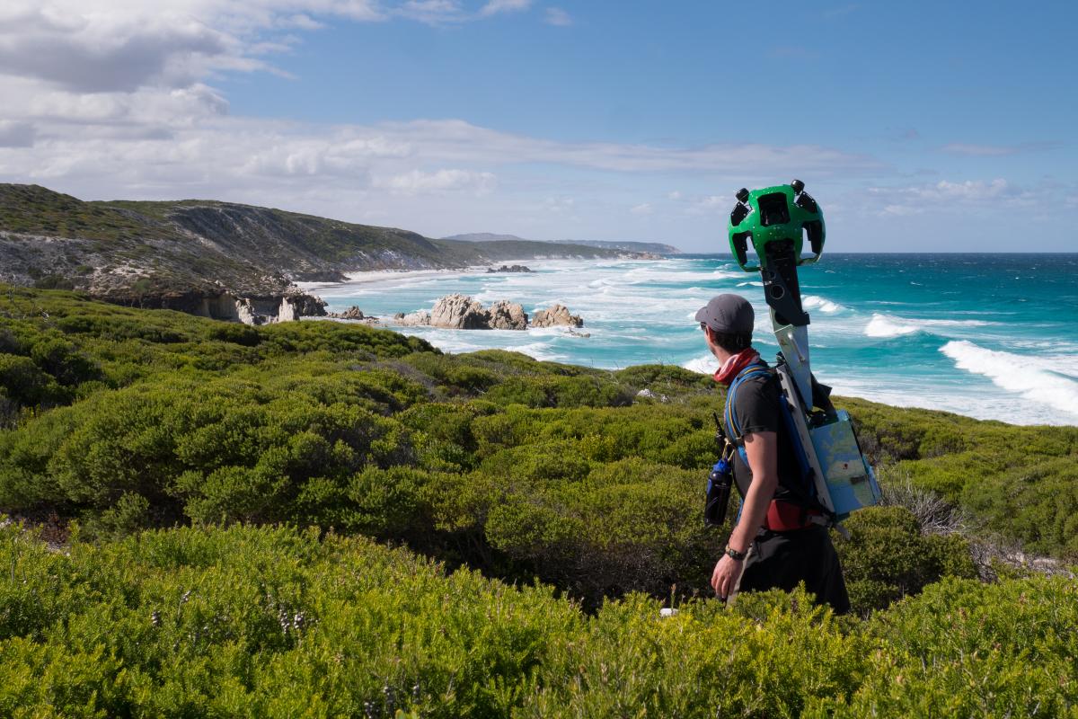 man walking on path through green shrubs looking at view of coastline