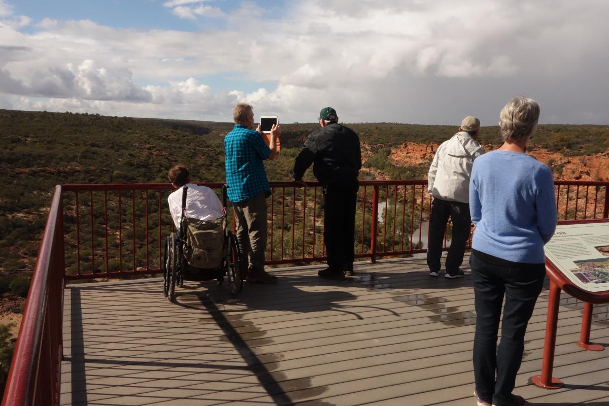 people standing and one person sitting in a wheelchair on a platform overlooking a gorge