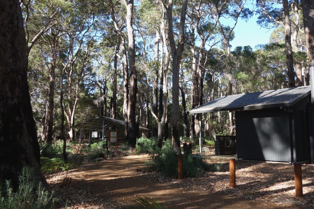 prefabricated facility buildings in a forest campground 