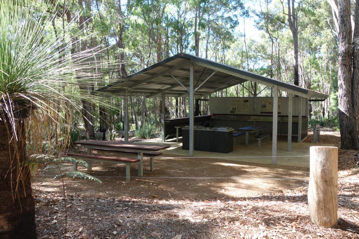 prefabricated cooking and picnic facilities in a forest campground
