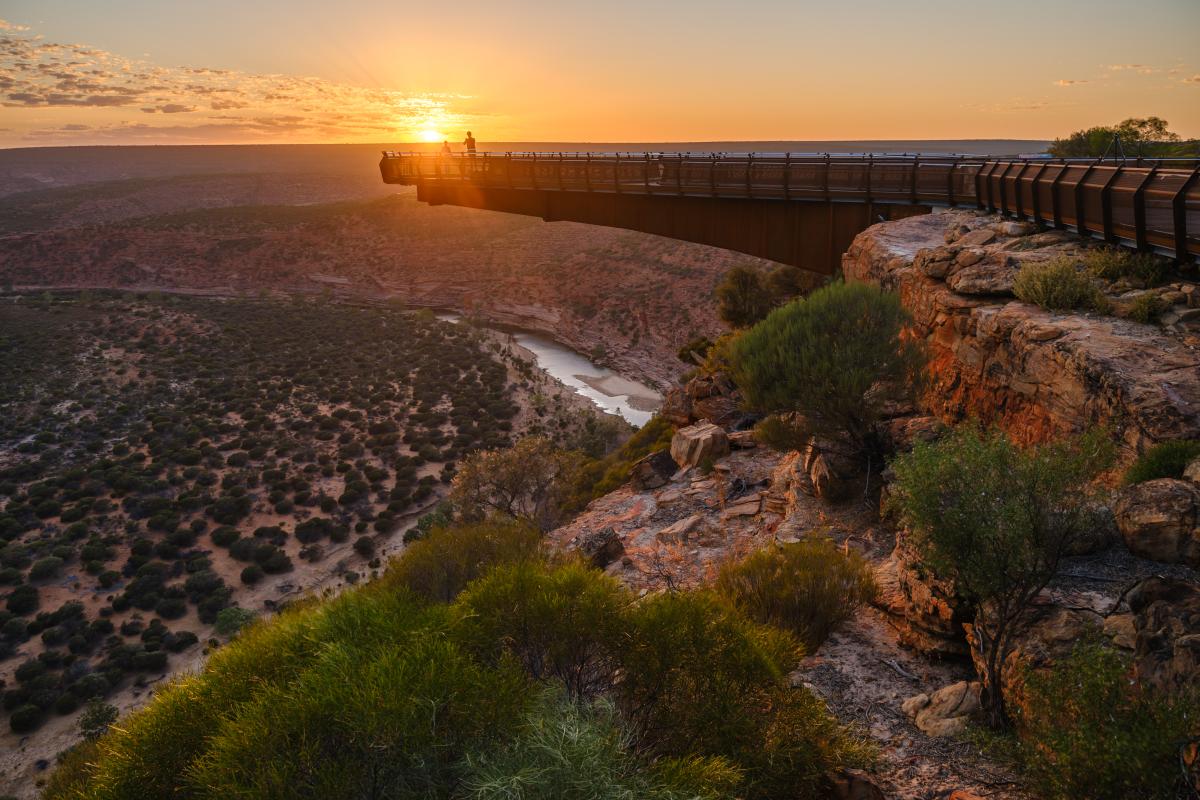 Cantilevered viewing platform overlooking Murchison River at sunset 