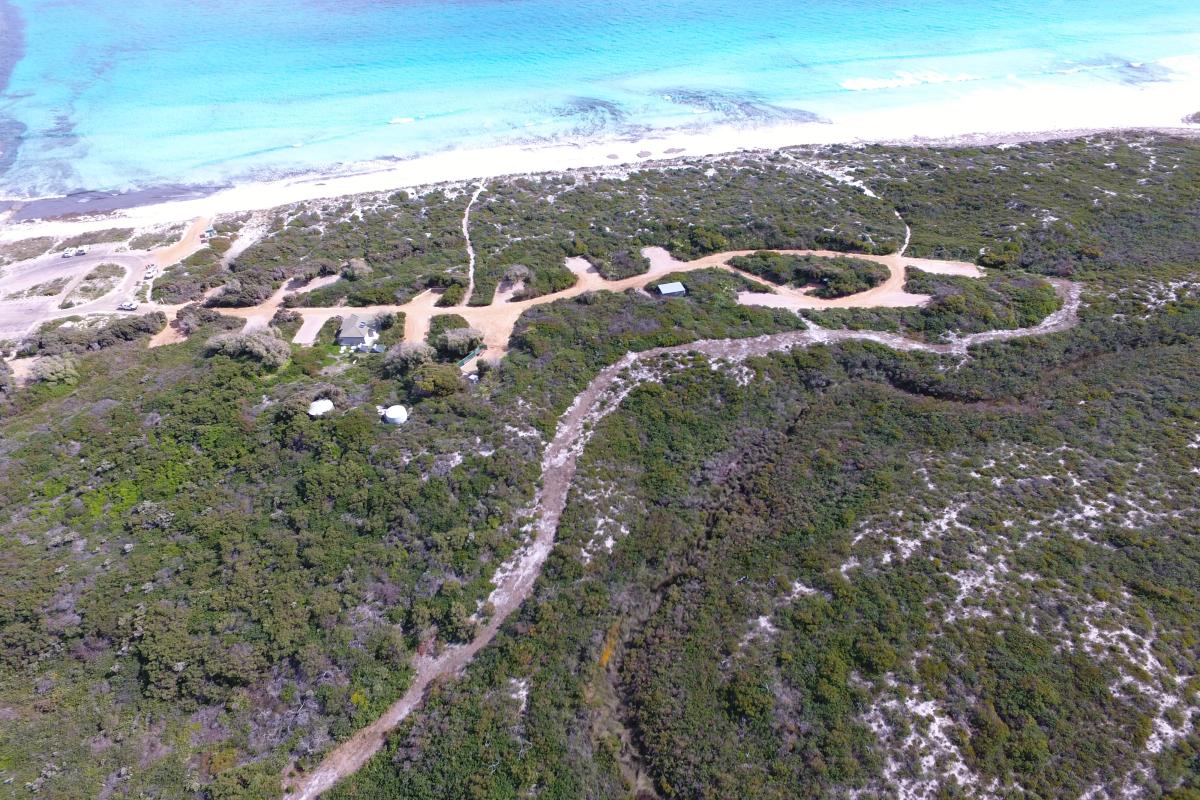 aerial view of a coastal campground and camp sites adjacent to a long sandy beach with blue sea and light clouds