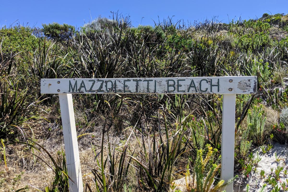 Mazzoletti Beach sign in the dunes