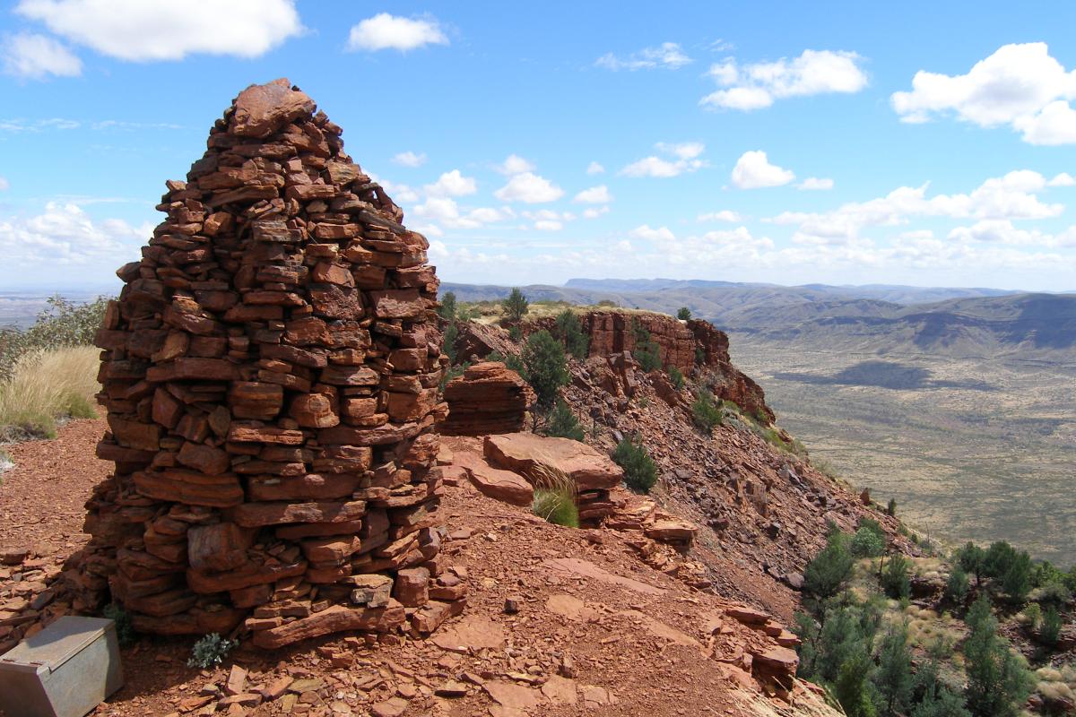 Mount Bruce Karijini National Park Large man made rock mound at the summit of Mount Bruce