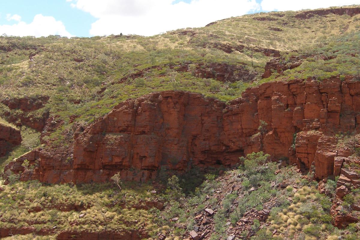 Red rock formations of Mount Bruce covered in spinifex grass 
