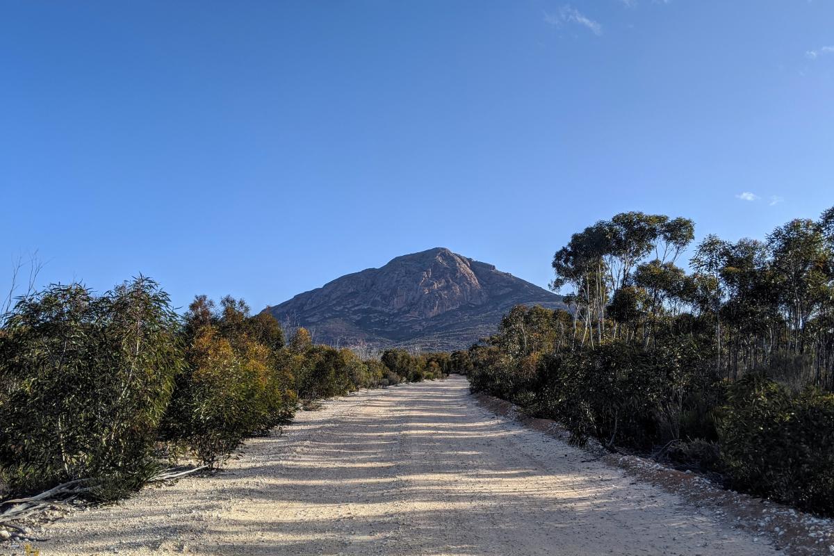 A gravel road with a peak in the distance