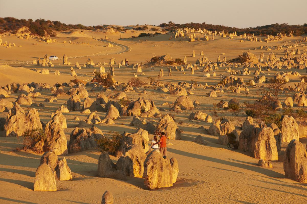 Pinnacles Desert Lookout and Drive a dune landscape filled with unusual pointed rock formations with two people in the foreground