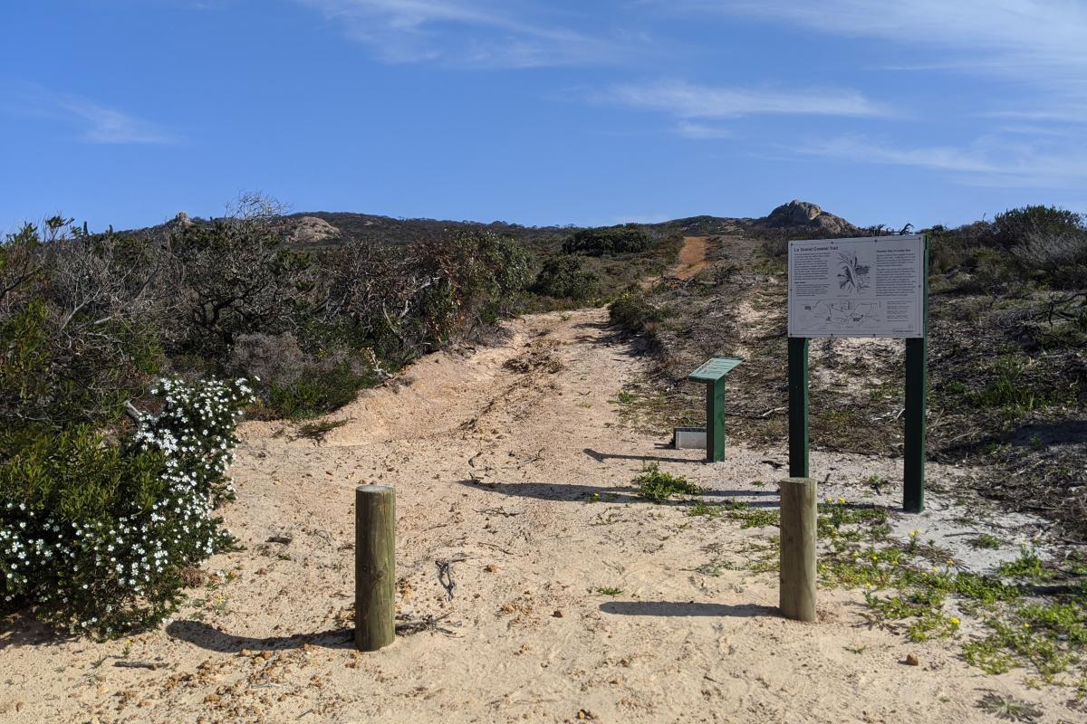 Trailhead for the Le Grand Coastal Trail at Rossiter Bay