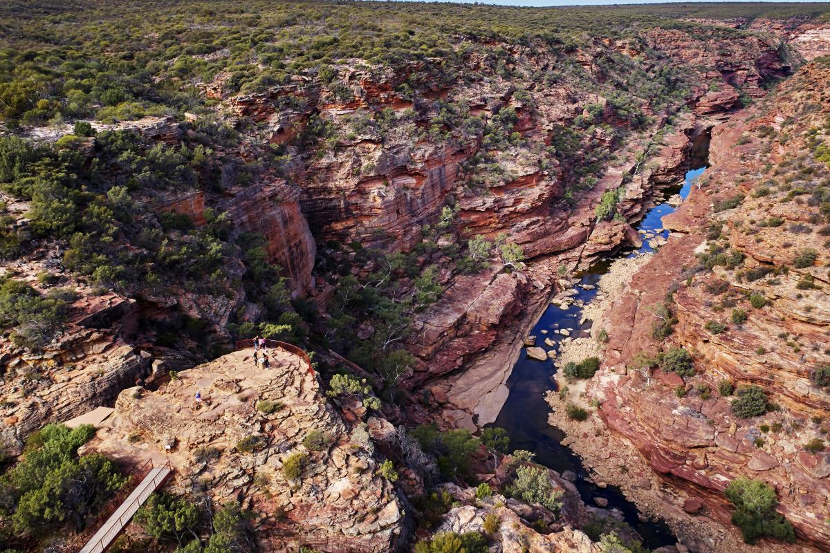 Aerial view of Z bend lookout with staggered layers of coloured rock walls and river below