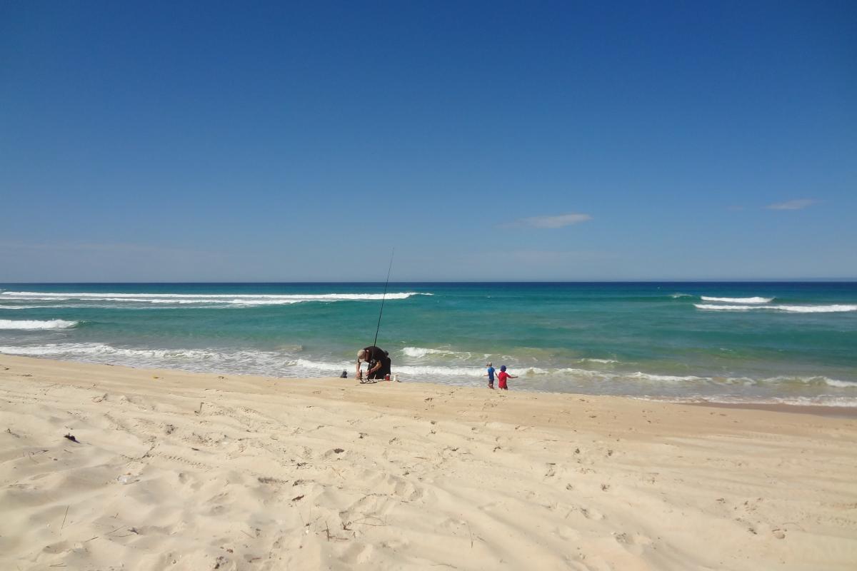 people fishing and playing on a white sandy beach 