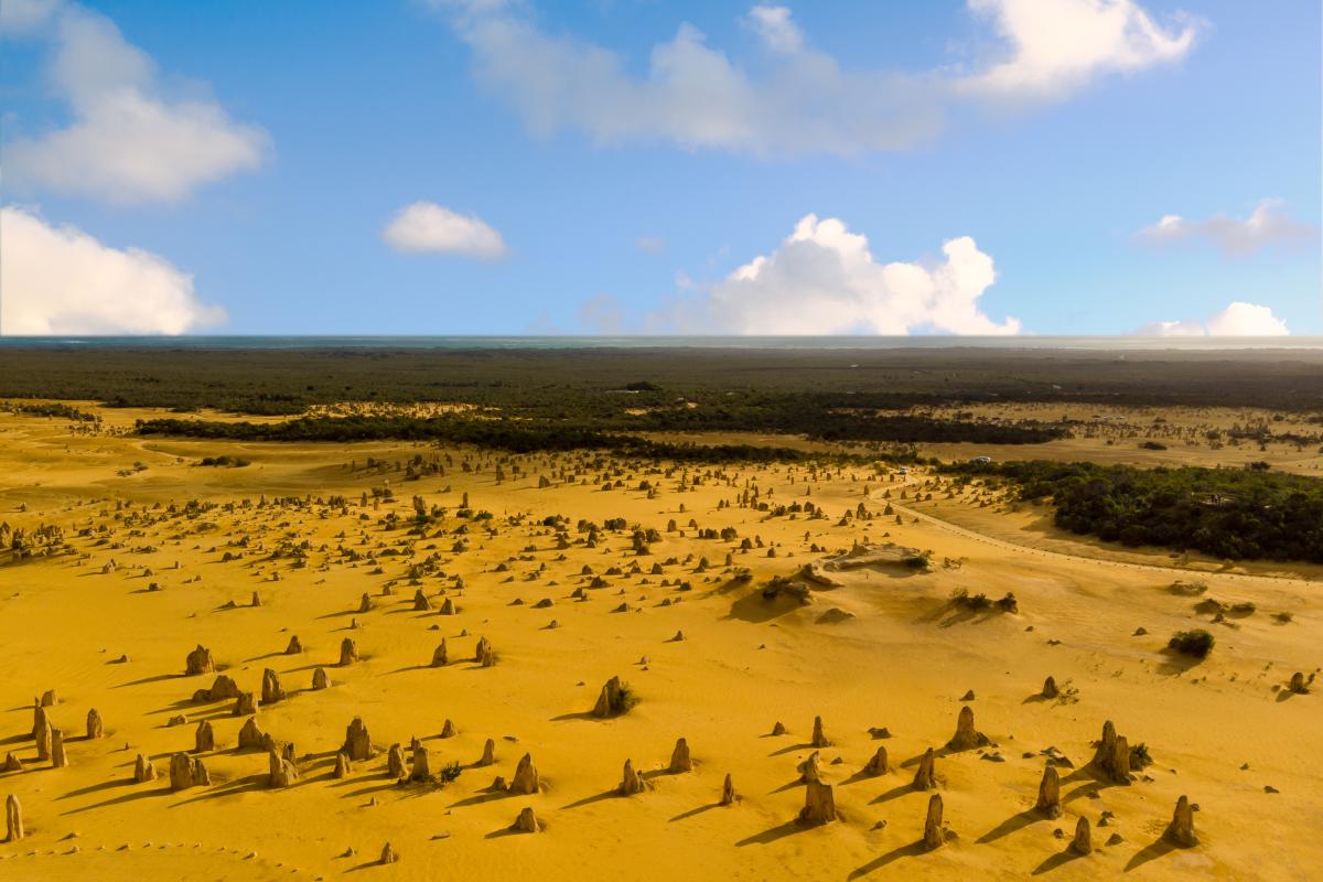 Pinnacles Desert Drive. Pinnacles landscape with clouds and a blue sky
