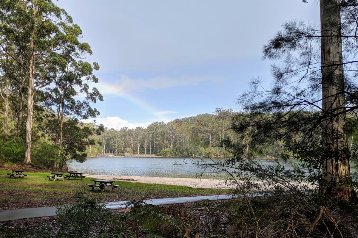 Big Brook Dam picnic area, surrounded by karri trees and with a rainbow in the sky