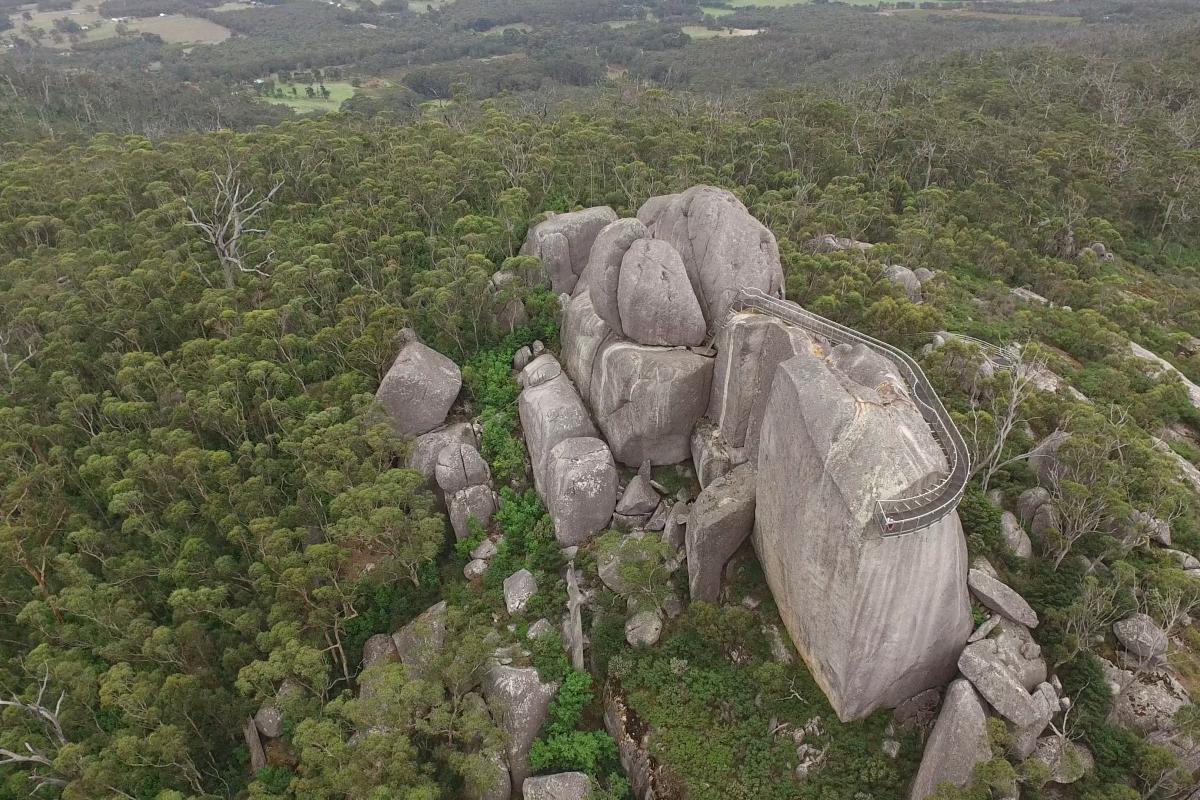Granite Skywalk at Castle Rock, Porongorup National Park. view from a drone over granite skywalk