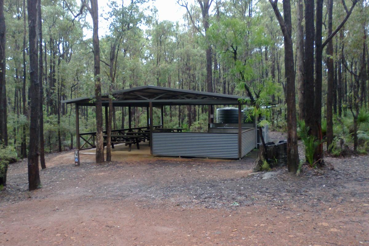 Sheltered picnic area at Chuditch Campground. sheltered picnic and bbq area at chuditch campground
