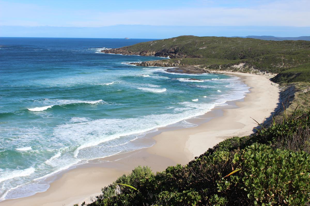 from the lookout the view is over the white sandy beach and blue ocean