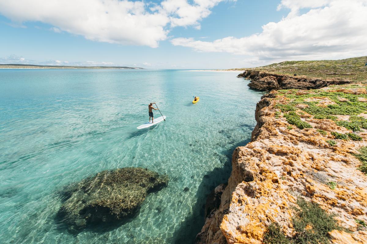 Paddling in clear waters of Dirk Hartog Island National Park Couple paddling on kayak and stand up paddle board on clear green water at Dirk Hartog island