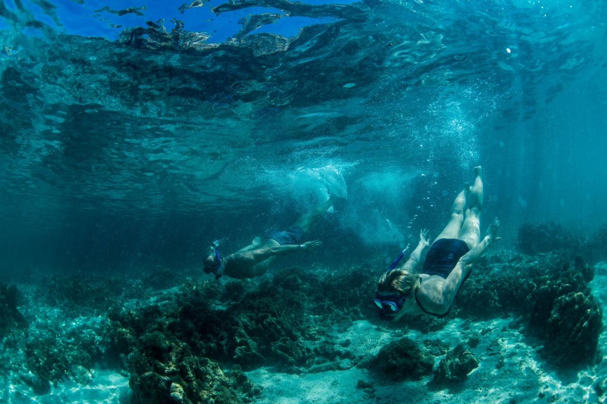 Couple snorkelling in clear green water at Dirk Hartog Island National Park