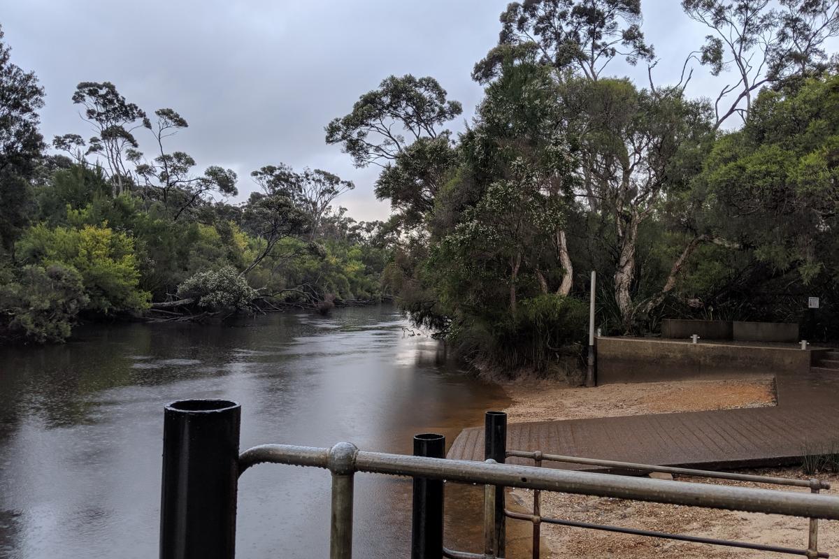 Donnelly River and the boat ramp and platform of the Donnelly Boat Landing