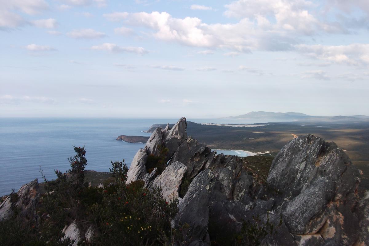 East Mount Barren Fitzgerald River National Park elevated view of imposing rock formations at East Mount Barren with coastal rocky landscape in the distance